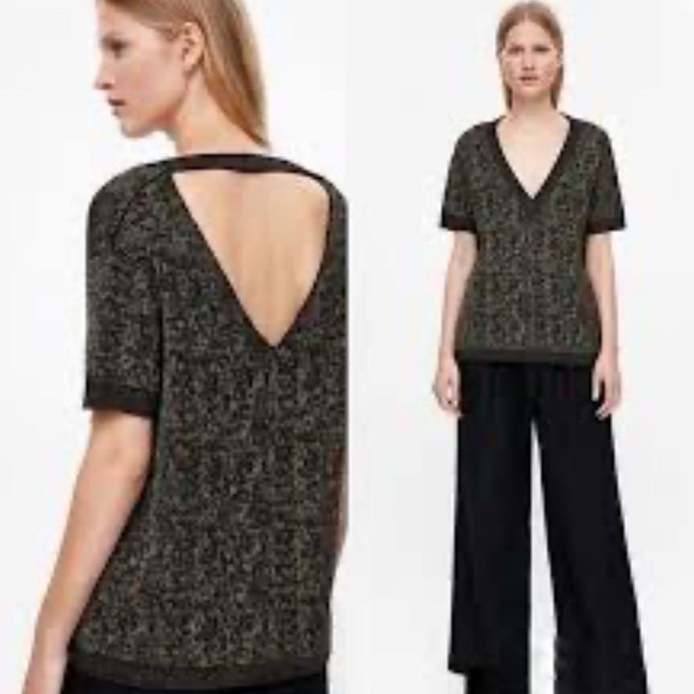 NWOT COS Black Metallic V-Neck Open Back Sweater Size M Contemporary Minimalist